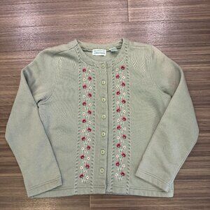 Vintage Shenanigans Large Flower Embroidered Green Button Up Cardigan Sweater